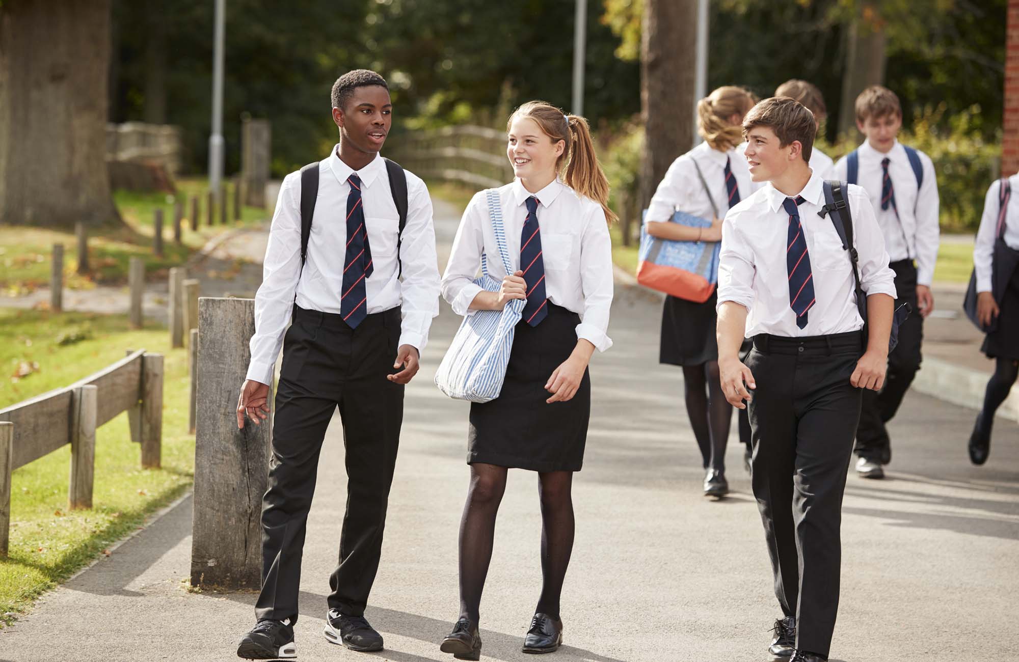 Group Of Teenage Students In Uniform Outside School Buildings